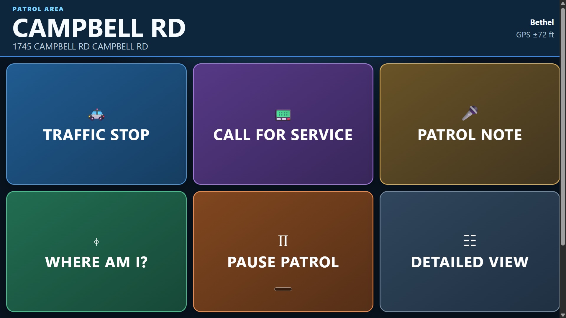 PatrolPath MobileTouch screen with large buttons for traffic stops, calls for service, patrol notes, location, pause, and detailed view