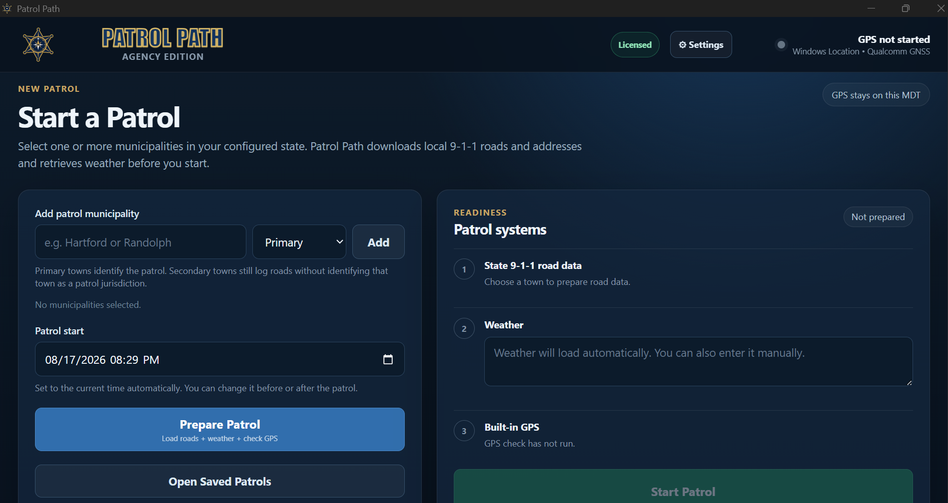 PatrolPath start screen for selecting primary and secondary municipalities and preparing patrol systems